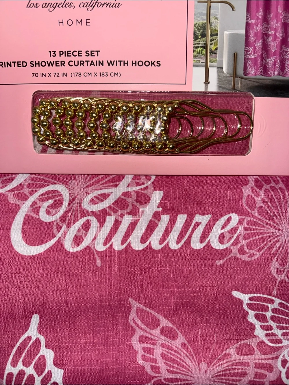 Pink Printed Shower Curtain Set with Gold Hooks - juicy couture new